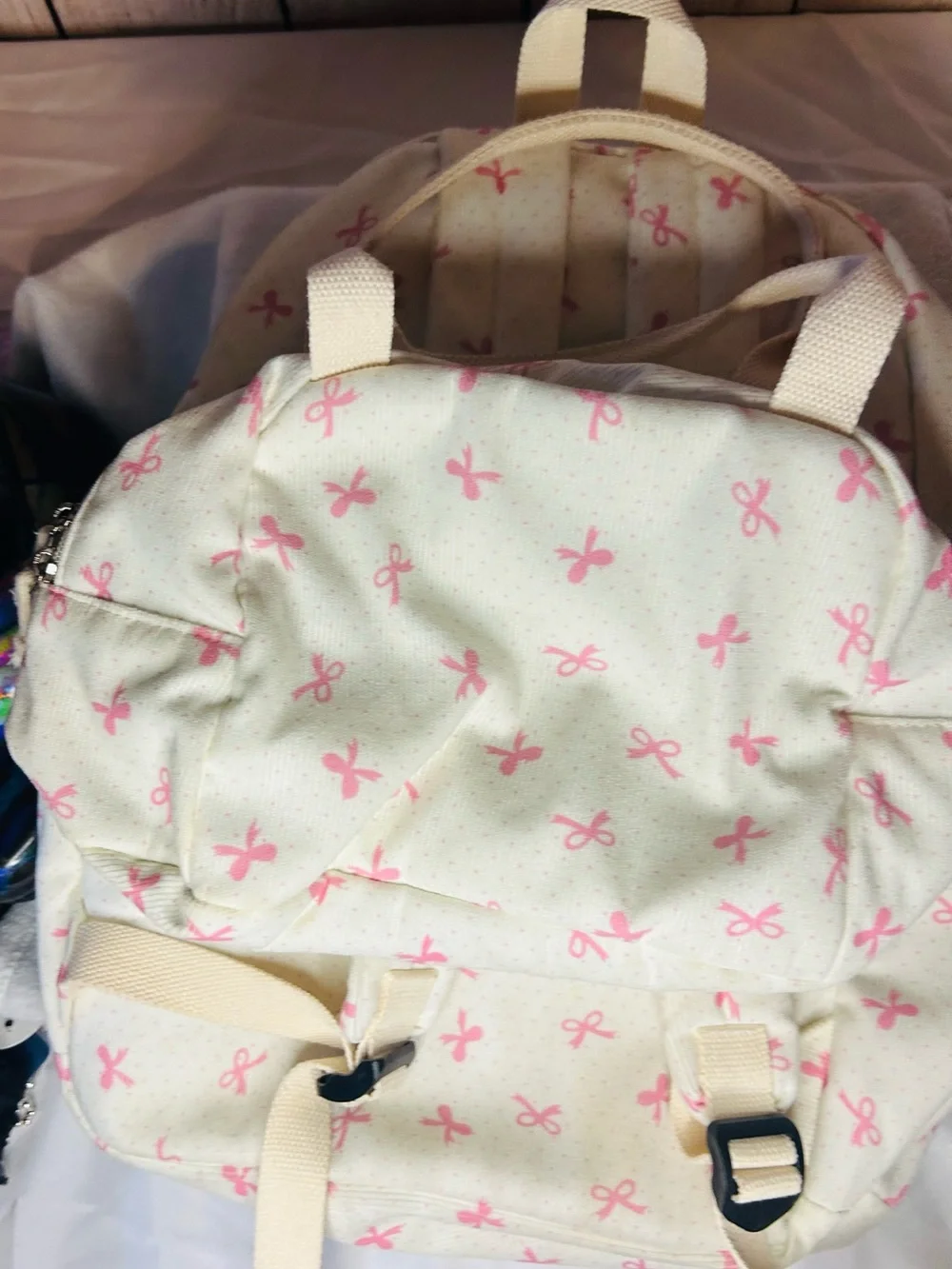 Cream Kids Backpack and lunch bag with Pink Bow Print